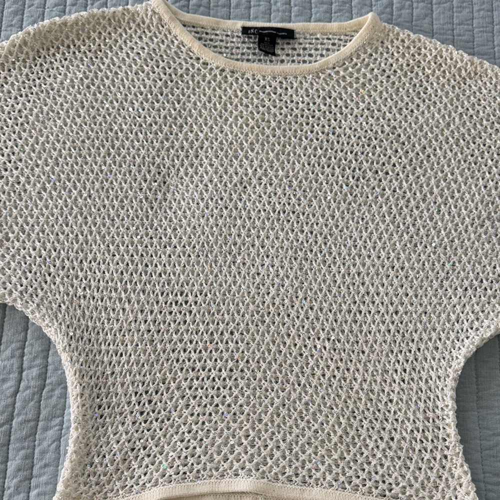 INC International Concepts Cream Open-Knit Boxy Short Sleeve Tunic